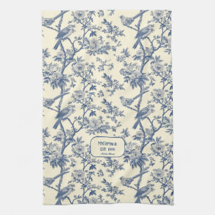 Linge De Cuisine Chanteur d'oiseaux Cobalt et Crème Toile de Jouy