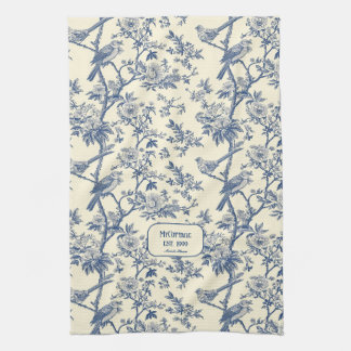 Linge De Cuisine Chanteur d'oiseaux Cobalt et Crème Toile de Jouy