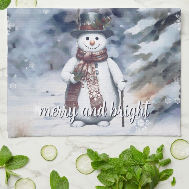 Linge De Cuisine Charmant Snowman Aquarelle Forêt d'hiver (Plié)
