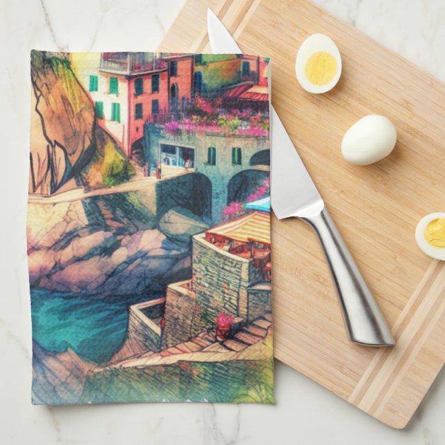 Linge De Cuisine Charme côtier Italie Cinque Terre Aquarelle | (Quart Plié)