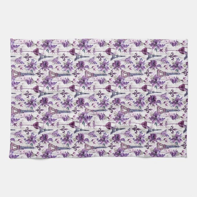 Linge De Cuisine Charme parisien Violet Tour Eiffel et Floral (Horizontal)