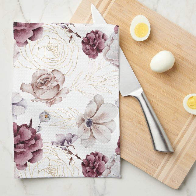 Linge De Cuisine Chasse Automne Gold Burgandy Automne Floral (Quart Plié)