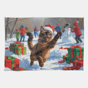 Linge De Cuisine Chat abyssin Scène de neige festive de Noël