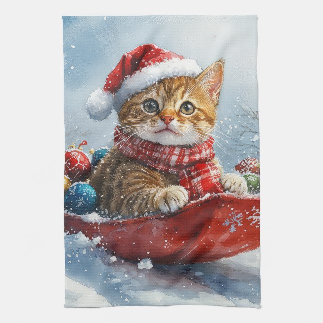 Linge De Cuisine Chat abyssinien en sledge laissez-le neiger Noël (Vertical)