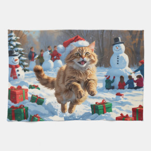 Linge De Cuisine Chat Angora Turc courant dans la neige avec un cha
