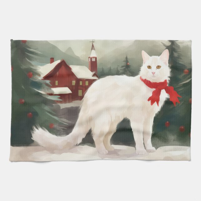 Linge De Cuisine Chat Angora turc en Noël de neige (Horizontal)