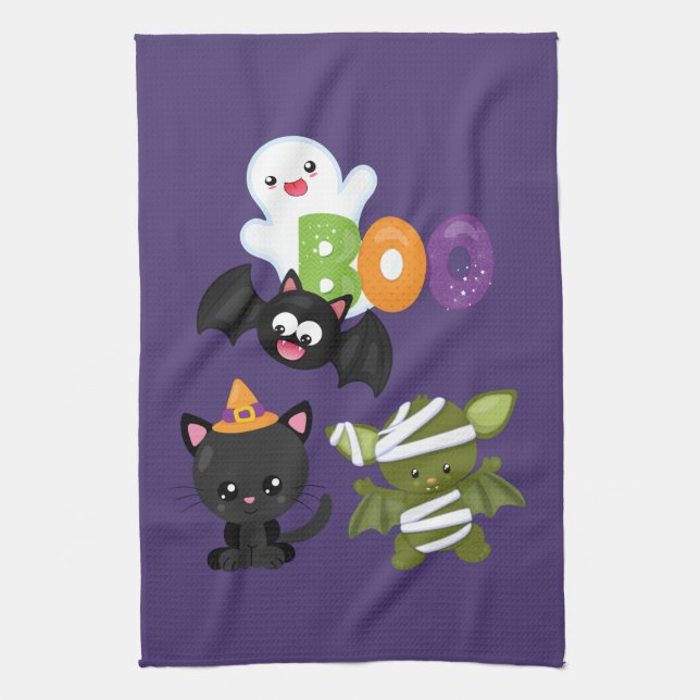 Linge De Cuisine Chat de Cute Halloween, bat, mummy et ghost (Vertical)