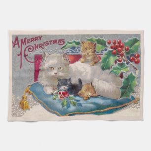 Linge De Cuisine Chat de Noël Vintage avec chatons Joyeux Noël
