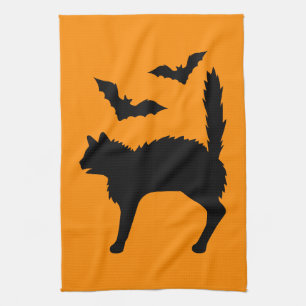 Linge De Cuisine Chat d'Halloween effrayé et silhouette de chauves-