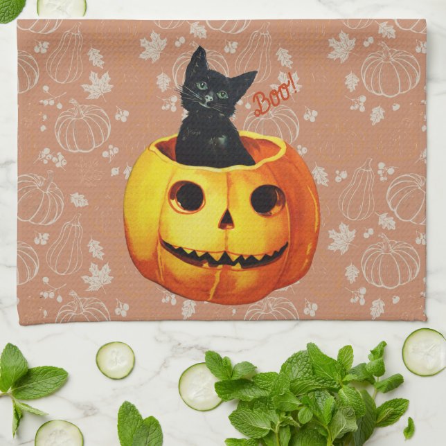 Linge De Cuisine Chat d'Halloween en Citrouille (Plié)