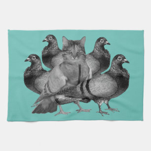 Linge De Cuisine chat drôle parmi les pigeons