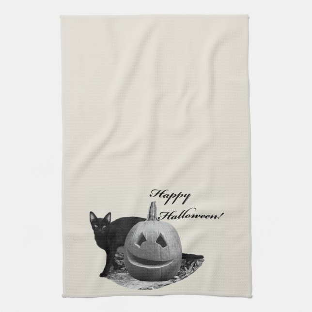 Linge De Cuisine Chat et Citrouille Halloween heureux (Vertical)
