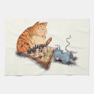 Linge De Cuisine Chat et souris Jouer aux échecs Dessin amusant 