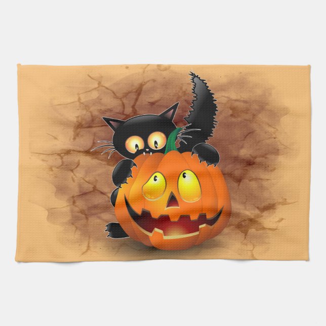 Linge De Cuisine Chat Fun Halloween Caractère mordant un Citrouille (Horizontal)
