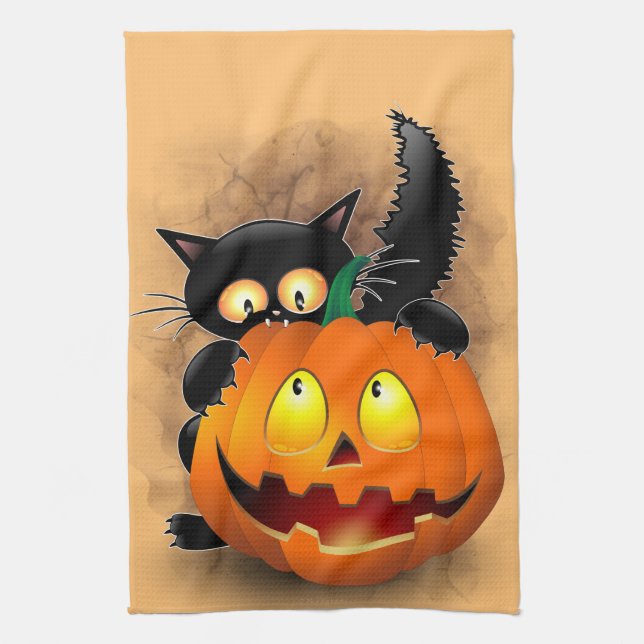 Linge De Cuisine Chat Fun Halloween Caractère mordant un Citrouille (Vertical)