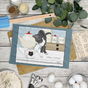 Linge De Cuisine Chat Gris Blanc Curieux Tasse à Thé Drôle Cuisine