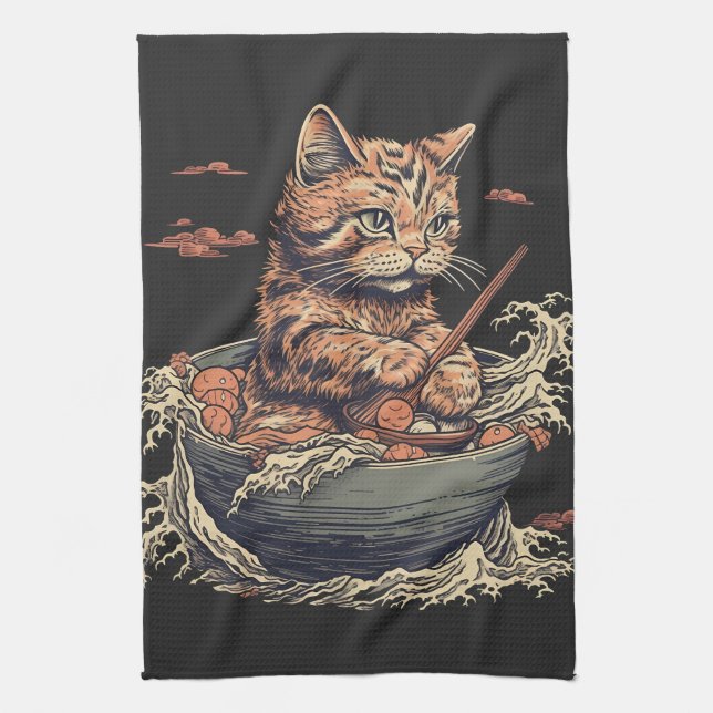 Linge De Cuisine chat mange Ramen, Vague de Kanawaga (Vertical)