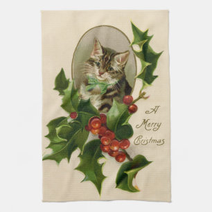 Linge De Cuisine Chat Noël Joyau Holly Kitten Art antique