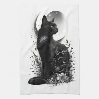 Linge De Cuisine Chat noir assis parmi le feuillage botanique