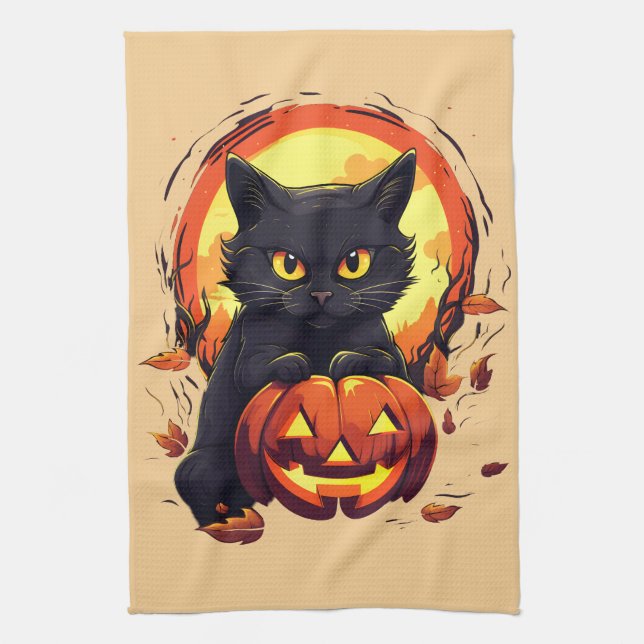 Linge De Cuisine Chat noir d'Halloween, Feuilles d'automne, (Vertical)