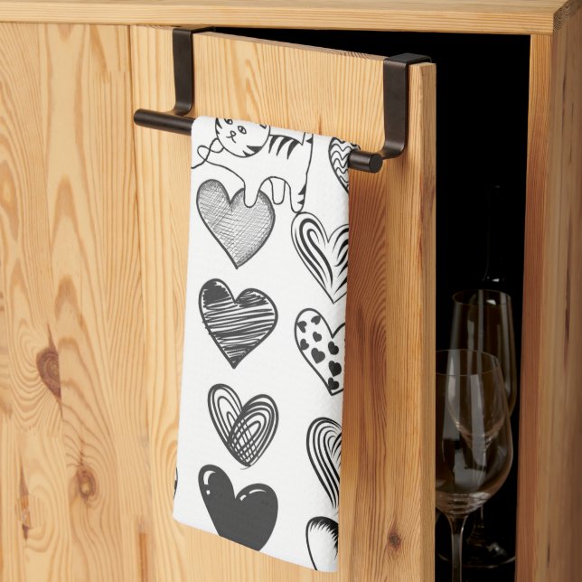 Linge De Cuisine Chat noir et blanc et Motif de coeur (Pliage en tiers)