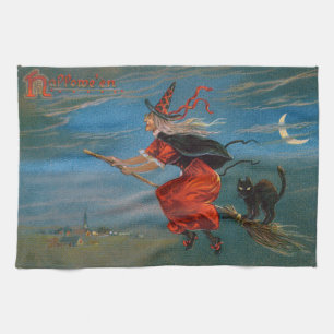 Linge De Cuisine Chat Noir Familier de Sorcière Halloween sur Balai