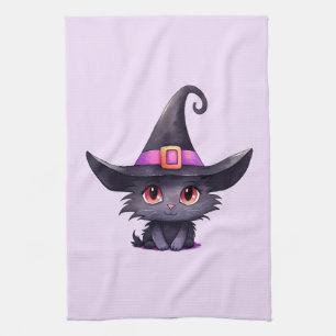Linge De Cuisine Chat noir mignon portant un Casquette de sorcière
