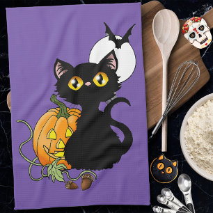 Linge De Cuisine Chat noir mignon violet Halloween Citrouille
