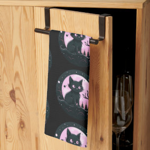 Linge De Cuisine Chat noir Pleine lune rose céleste Halloween noir