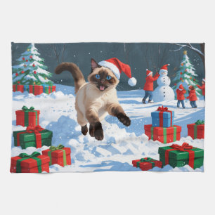 Linge De Cuisine Chat siamois courant dans la neige avec un chapeau