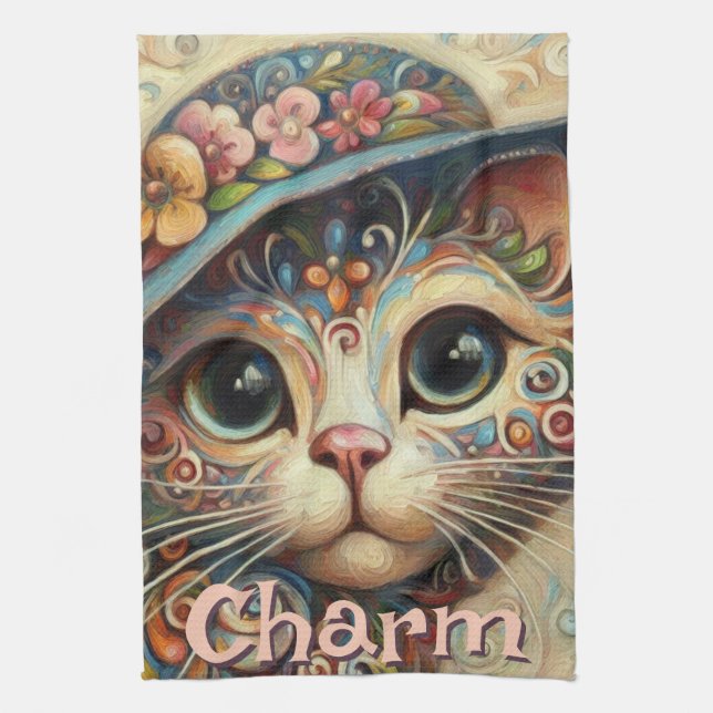 Linge De Cuisine Chat Whimsical avec un Casquette Floral Personnali (Vertical)
