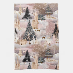 Linge De Cuisine Château de fantaisie de cerf d'hiver rose Paysage