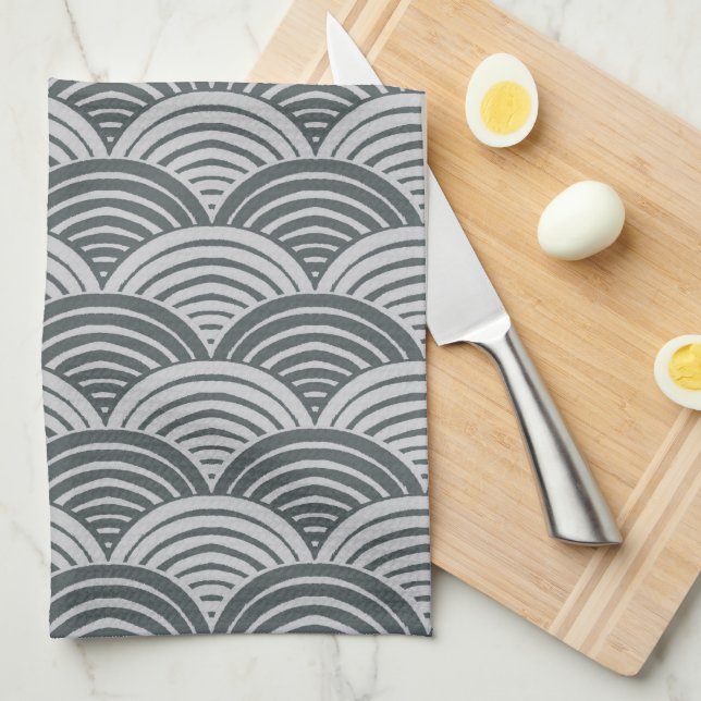 Linge De Cuisine Château Japandi Ferme Gris Monochromatique Vagues (Quart Plié)
