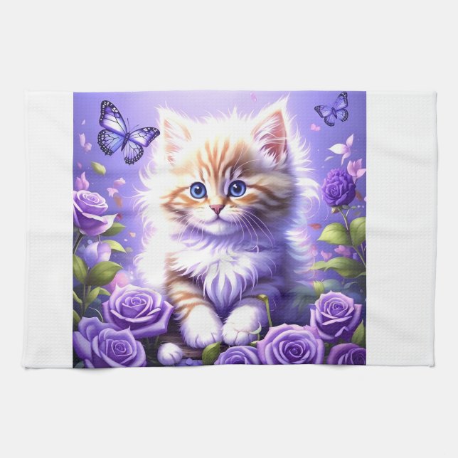 Linge De Cuisine Chaton Enchantant Chez Les Roses Violets (Horizontal)