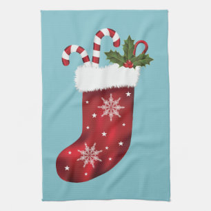 Linge De Cuisine Chaussette de Noël festive rouge sur fond bleu