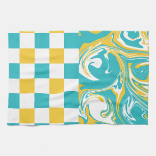 Linge De Cuisine Chèques et permules en Turquoise, Jaune et Blanc