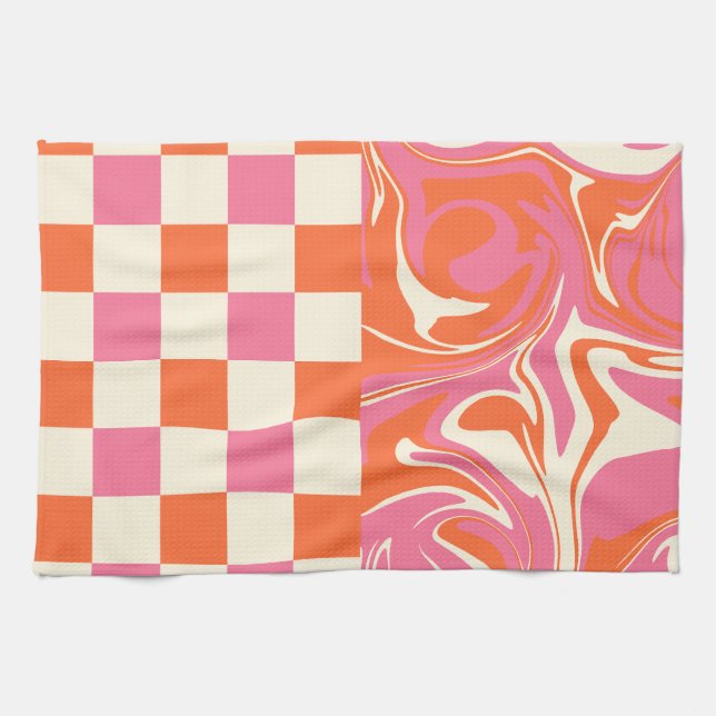 Linge De Cuisine Chèques et tourbillons - rose, orange et crème (Horizontal)