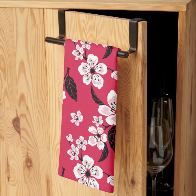 LINGE DE CUISINE CHERRY BLOSSOM - SAKURA (ROUGE) (Pliage en tiers)