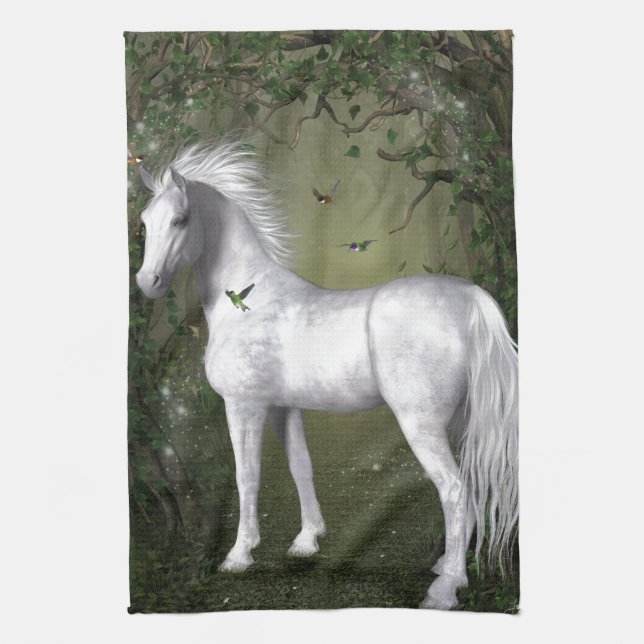 Linge De Cuisine Cheval blanc dans les bois avec des colibris (Vertical)