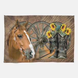 Linge De Cuisine Cheval Cowboy Boots Wagon Wheels Sunflowers Wester