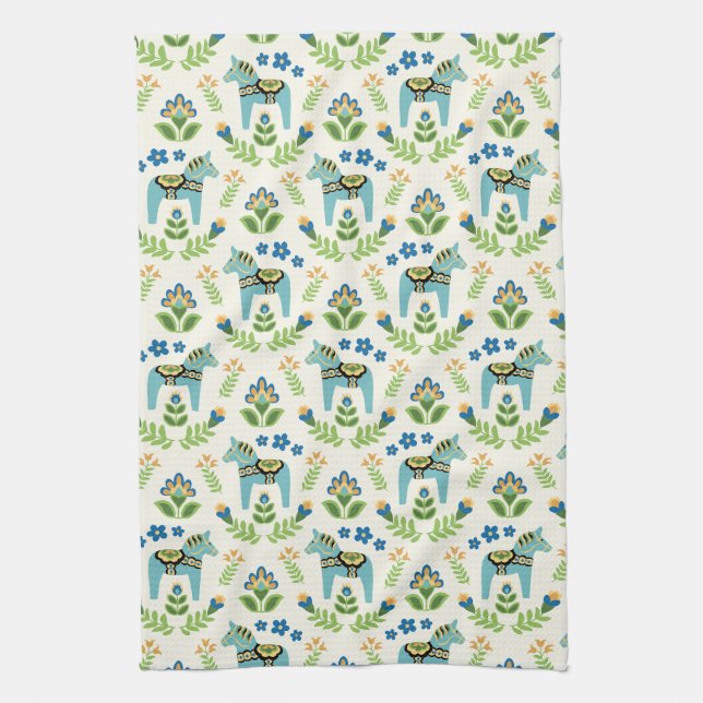 Linge De Cuisine Cheval de Dala suédois Turquoise (Vertical)