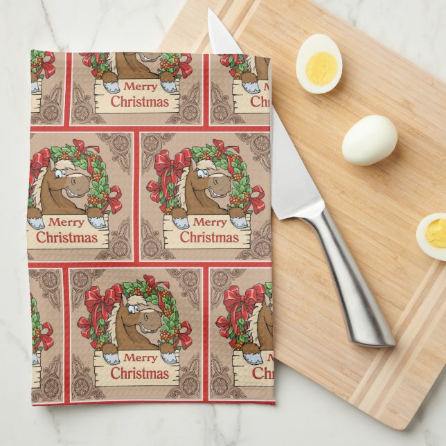 Linge De Cuisine Cheval de dessin avec couronne Joyeux signe de Noë (Quart Plié)