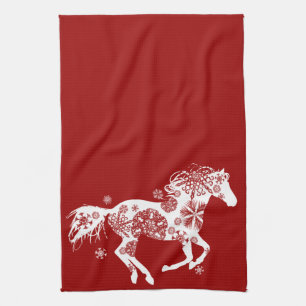 Linge De Cuisine Cheval de Noël aux flocons rouges et blancs