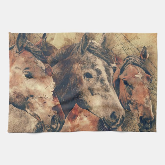 Linge De Cuisine Chevaux d'aquarelle (Horizontal)