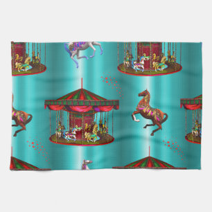 Linge De Cuisine Chevaux de carrousel en bleu