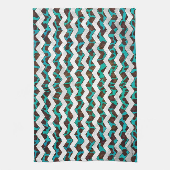 Linge De Cuisine Chevron Leopard Impression Brown et Turquoise (Vertical)