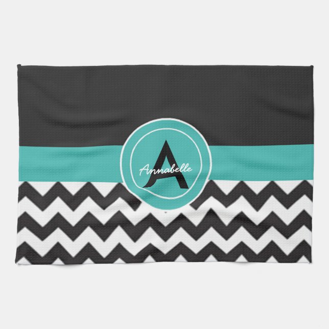 Linge De Cuisine Chevron turquoise noir (Horizontal)