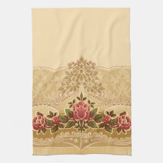Linge De Cuisine Chic Art Nouveau Or et Flore rouge (Vertical)