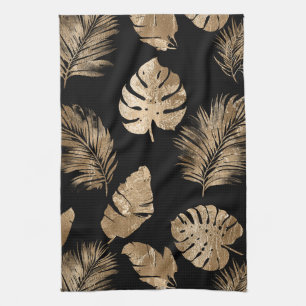 Linge De Cuisine Chic Black Gold Tropical Feuilles