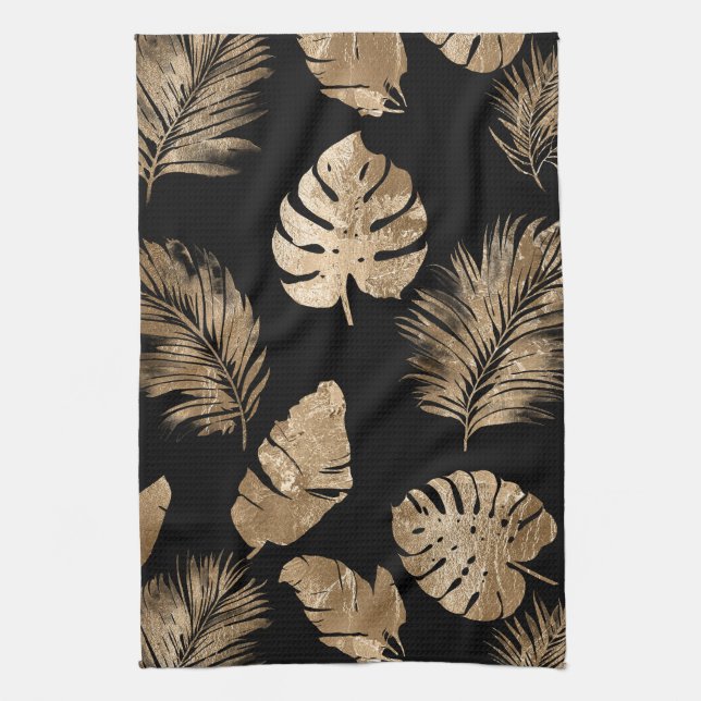 Linge De Cuisine Chic Black Gold Tropical Feuilles (Vertical)